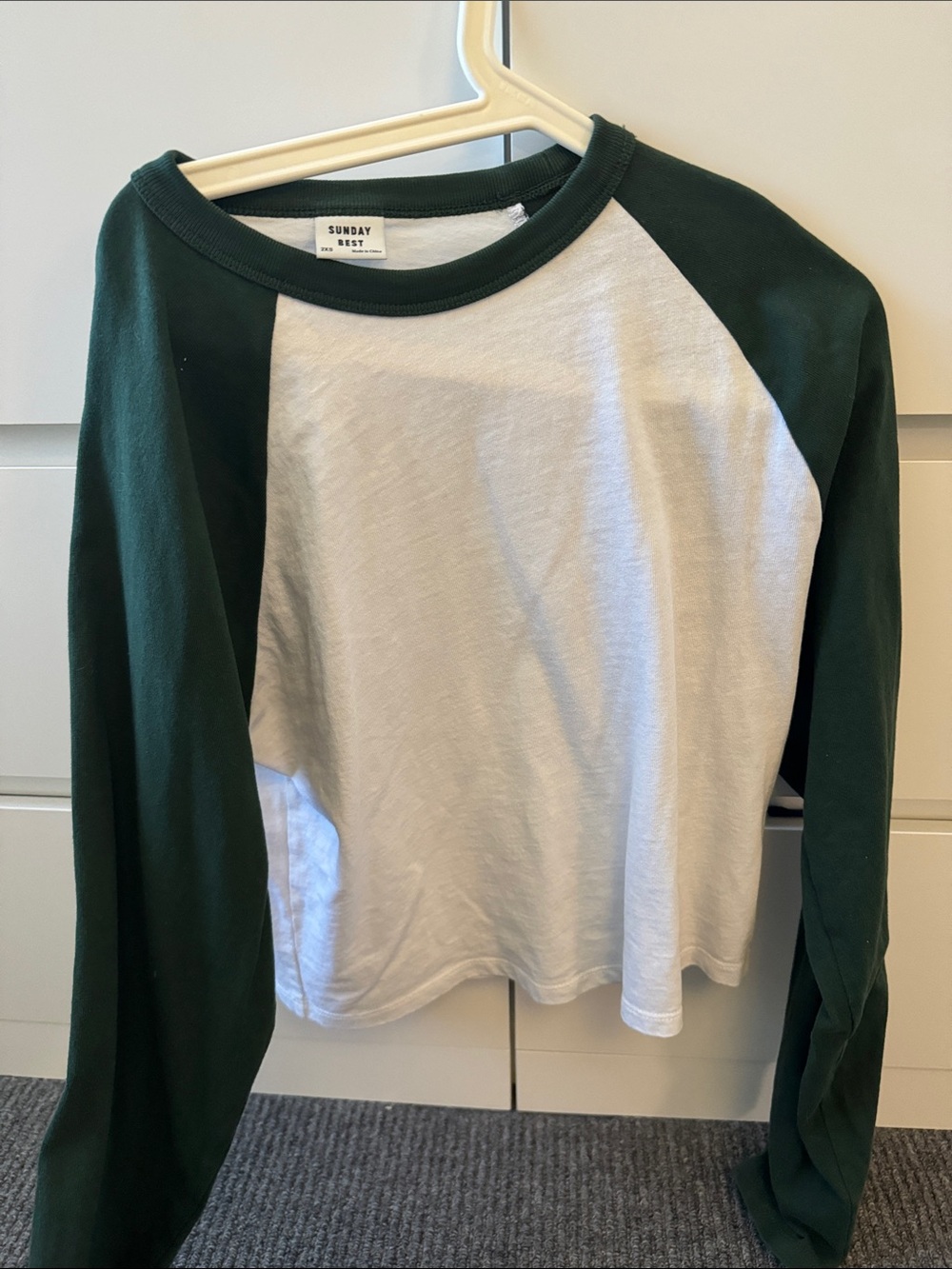 Sunday Best White and Forest Green Baseball Raglan Tee XXS